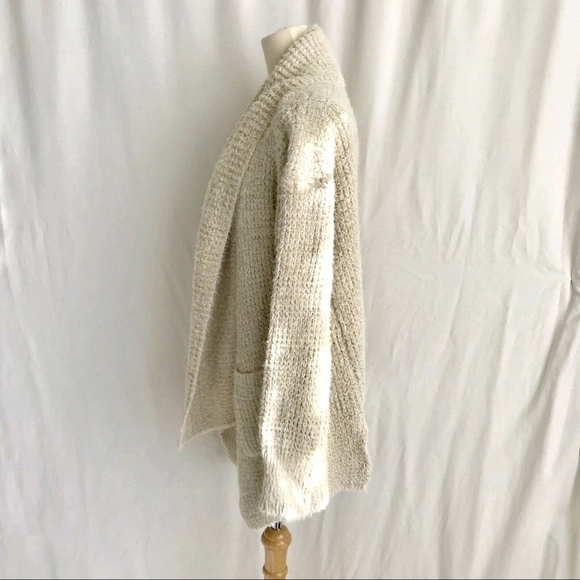 POL Women oatmeal Beige Fuzzy Knit Open Front Long Cardigan Pockets Medium - Picture 4 of 8